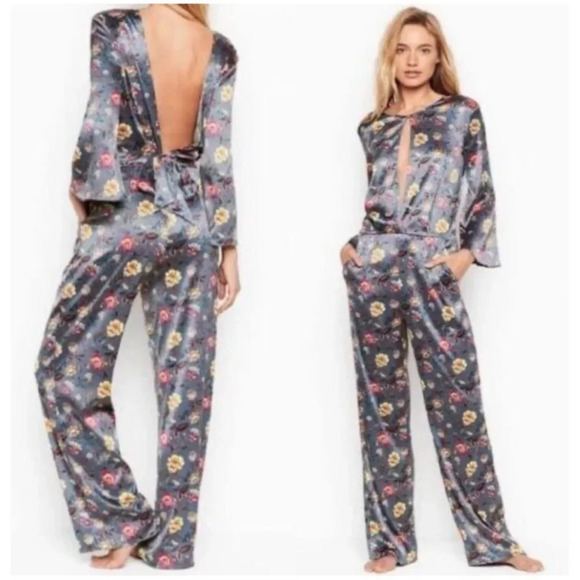 New Victoria Secret's Womens Flare Sleeve Satin One Piece Jumpsuit Floral Sz M - Picture 1 of 16